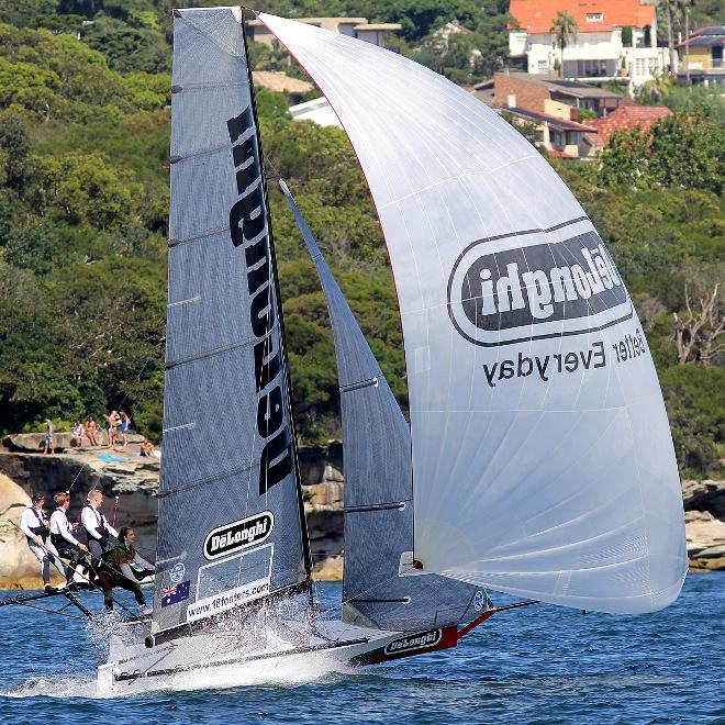 De'Longhi led the race down the first spinnaker run - 2016 18ft Skiffs Queen of the Harbour © Frank Quealey /Australian 18 Footers League http://www.18footers.com.au
